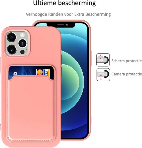Coque de téléphone rose avec porte-cartes à côté d'un téléphone. "Protection ultime"