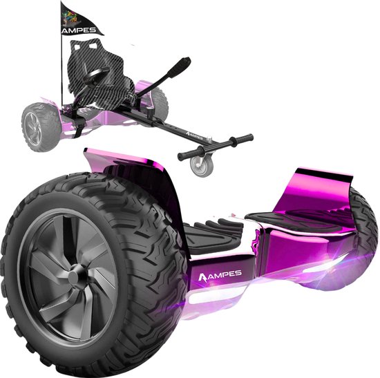 Roze off-road hoverboard met grote off-road banden en een carbon hoverkart met vlag.