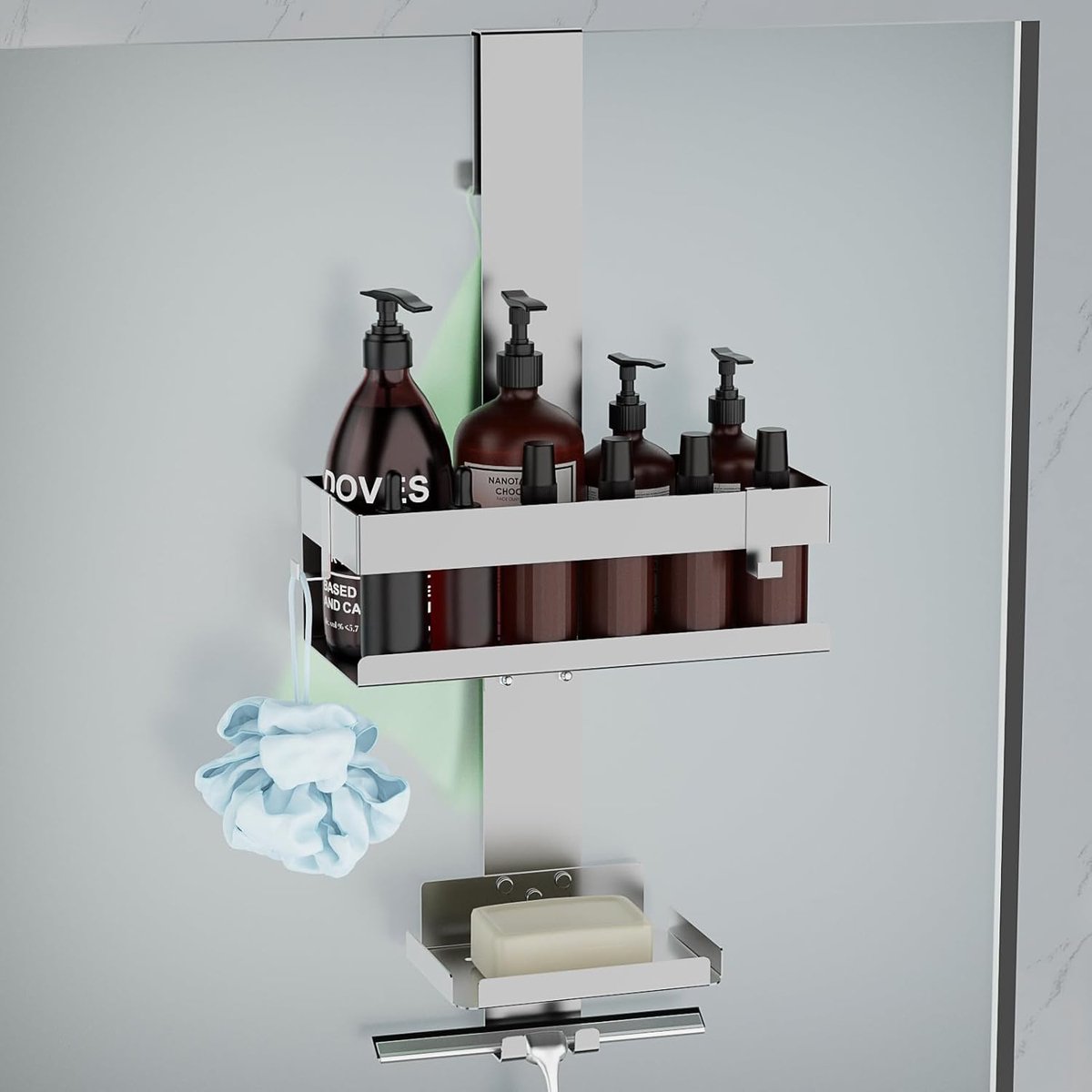PolkaHome Doucherek Hangend, Roestvrijstalen Douchemand, Doucheplank Zonder Boren, Frameloze glazen deur, opgehangen binnen 12 mm