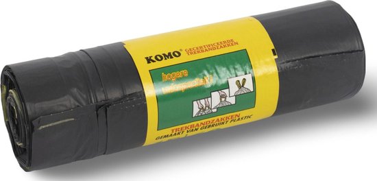 Rol zwarte vuilniszakken van KOMO met trekband. 'Hogere vulcapaciteit'. Gemaakt van gerecycled plastic.