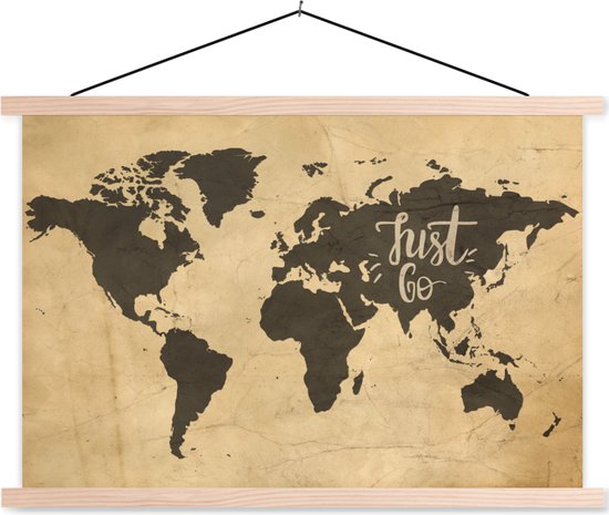 Affiche scolaire - Affiche textile - Wereldkaart - Just Go - Vintage - 90x60 cm - Affiche textile