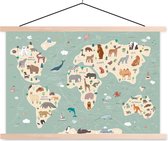 Schoolplaat kinderen - Muurdecoratie - Wereldkaart Kinderen - Dieren - Aarde - Posterhanger - Textielposter - 90x60 cm - Kinderkamer decoratie - Schoolplaat wereldkaart