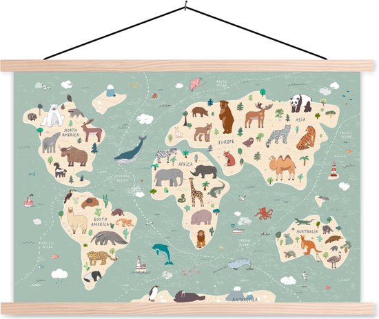 Schoolplaat kinderen - Muurdecoratie - Wereldkaart Kinderen - Dieren - Aarde - Posterhanger - Textielposter - 90x60 cm - Kinderkamer decoratie - Schoolplaat wereldkaart