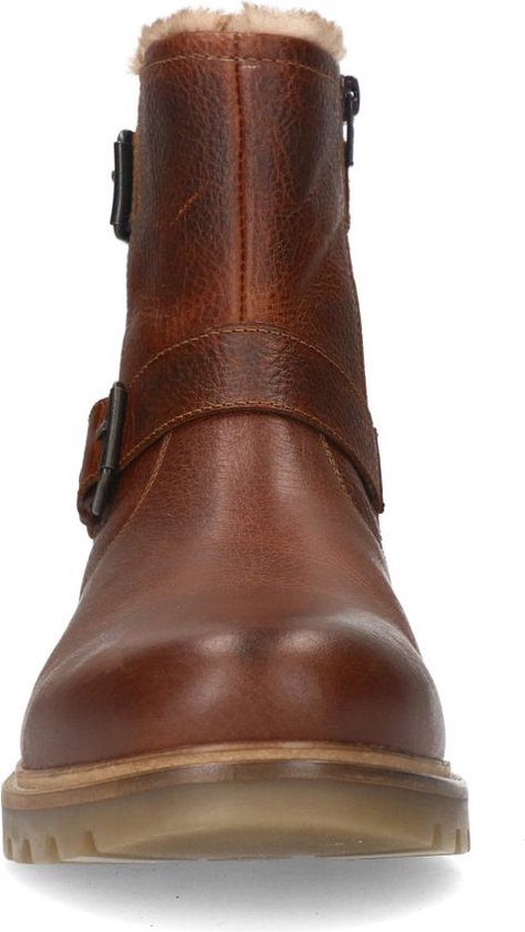 Botte style motard en cuir marron avec boucles et doublure en fourrure.