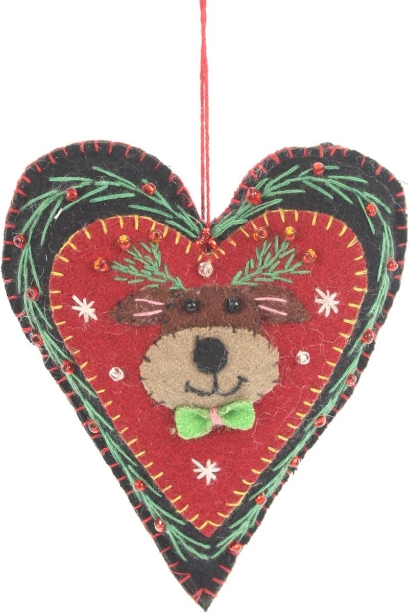 Hart met rendier, vilt 9x3x11,5cm