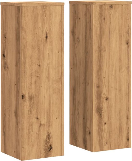 Deux pieds de plante rectangulaires en bois avec un imprimé chêne naturel et des nœuds visibles.