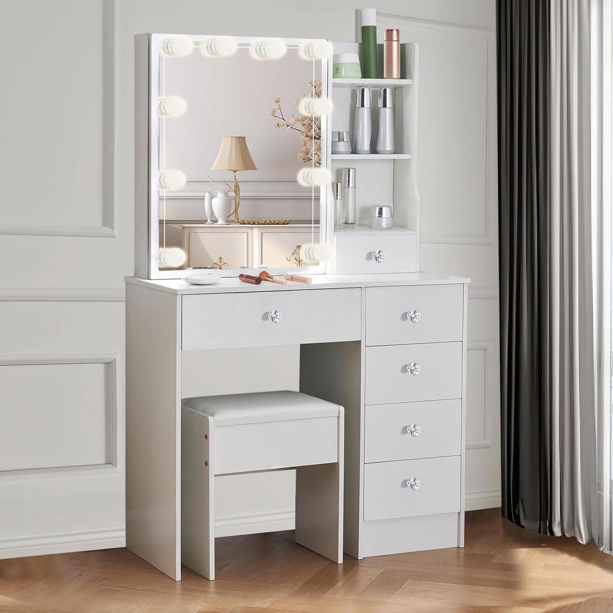 Moderne witte make-uptafel met Hollywood-ledverlichting en 6 laden make up tafel