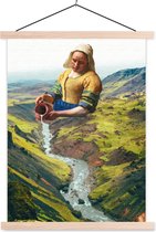 Posterhanger incl. Poster 87x120 cm - Schoolplaat - Melkmeisje - Vermeer - Bergen - Textielposter - Blanke latten