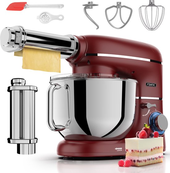Fentic Keukenmachine - 2000W - Keukenrobot - Incl. Pastaroller en extra accessoires - 6,2L Mengkom - Foodprocessor - Pastamachine - Rood