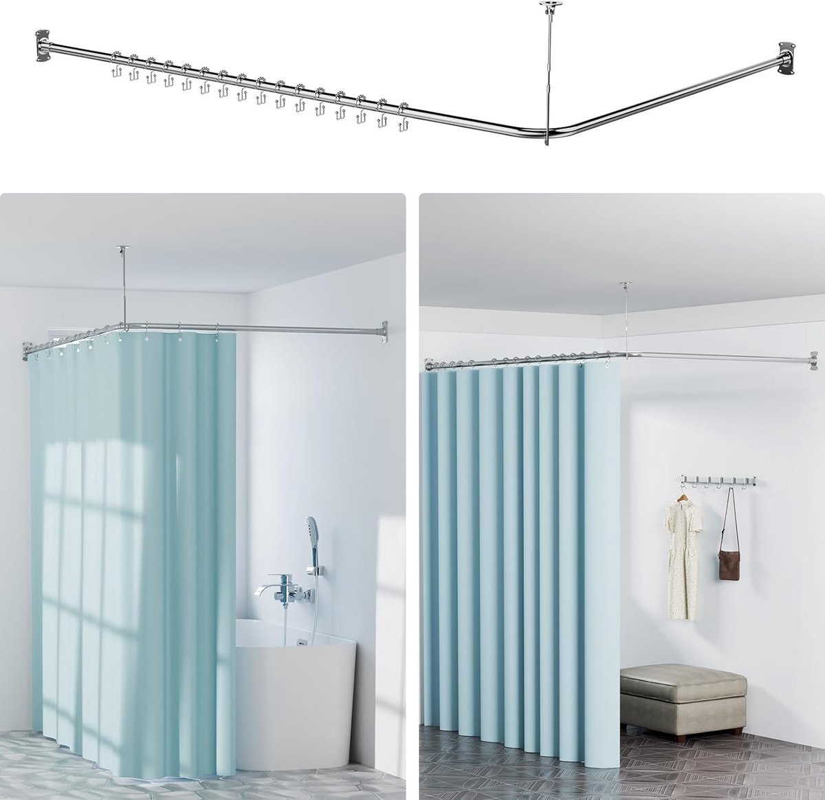 Douchegordijnstang L-vorm, 68-138 cm x 68-138 cm, verstelbare douchestang, hoek van 304 roestvrij staal, 16 kg draagkracht, voor badkuip, badkamer, kleedkamer, boormontage vereist