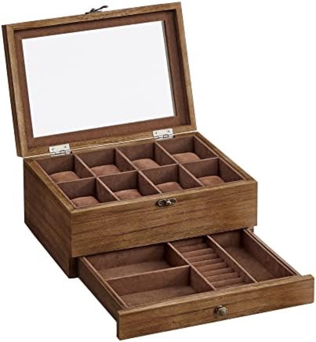 Horlogedoos met 8 compartimenten, massief houten horlogedoos met glazen deksel, horlogekussen, sieradenopslag, cadeau voor uw geliefde