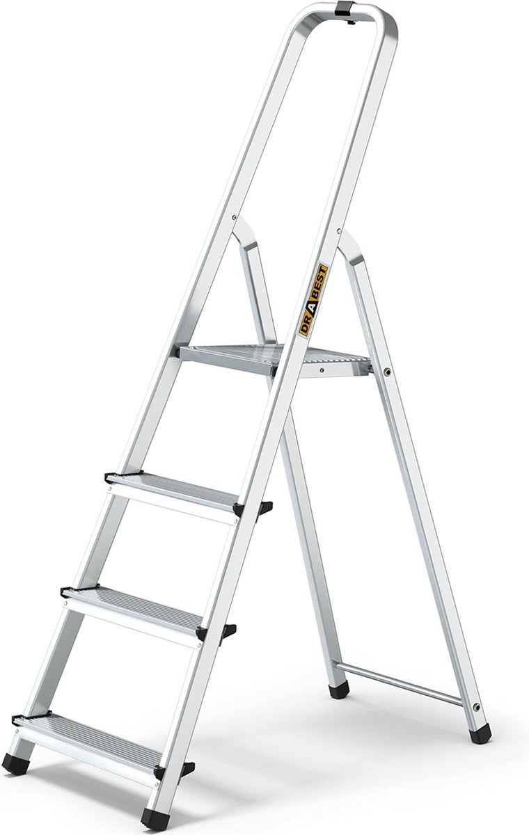 DRABEST 4-traps ladder opvouwbaar - aluminium vouwladder - lader met veiligheidsrail en werkplatform - trapladders 4 loopvlak - Capaciteit 125 KG - Multifunctionele ladders - 43 x 145 x 12 cm