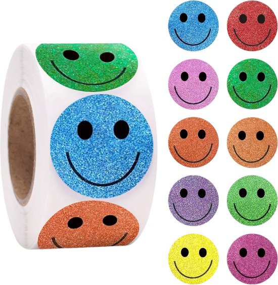 Fako Bijoux® - 500 Autocollants sur rouleau - 2,5 cm - Emoji Glitter - Autocollants de récompense - Autocollants Enfants - Autocollant de fermeture - Sceau de fermeture - 25 mm