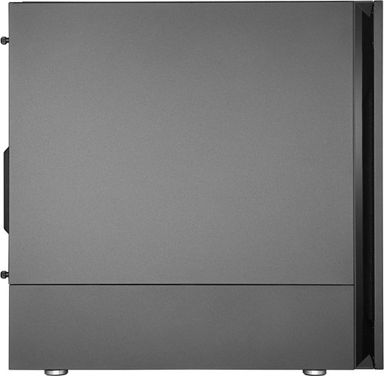 Zijprofiel van een donkergrijze computerkast met een gladde afwerking en ventilatieopening aan de rechterkant.