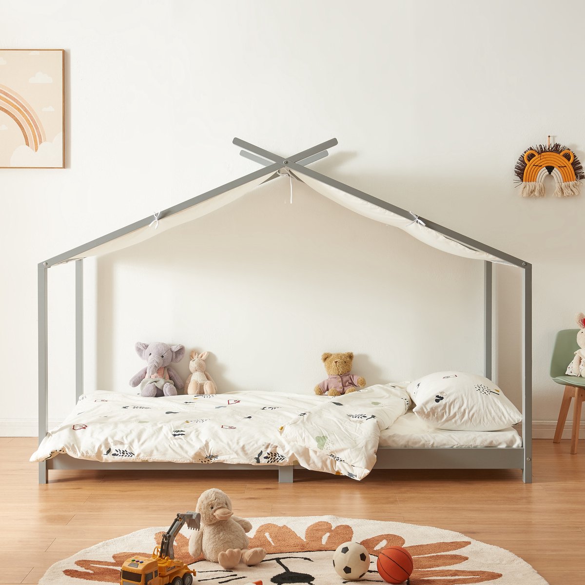 en.casa Kinderbed Brome huisbed 90x200 cm grijs en wit [en.casa]