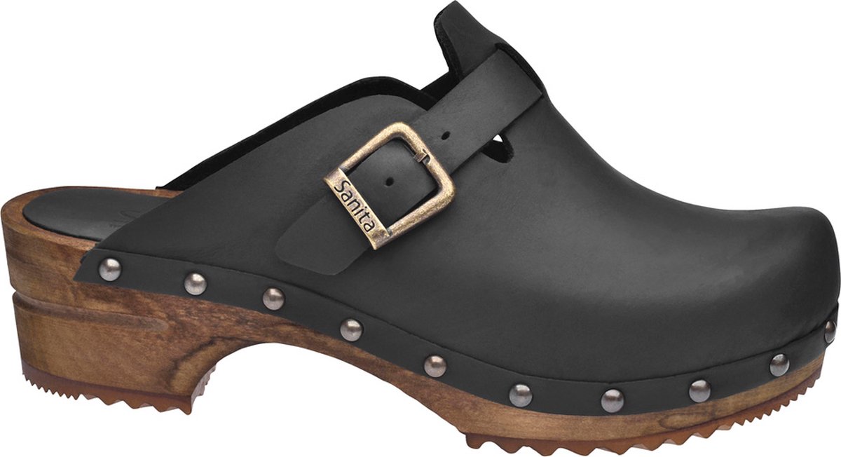 Sanita Clogs dames houten muiltjes Wood-Kristel Open leer 455205W zwart