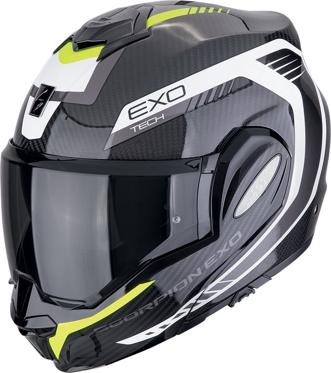 Scorpion Exo-Tech Evo Carbon Cosy Black-Neon yellow - Maat XS - Jethelm - Scooter helm - Motorhelm - Carbon Geel Glans Zwart Wit - Scooterhelmen mannen en vrouwen.