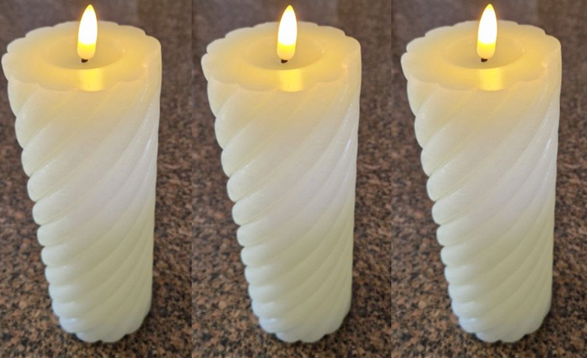 SET VAN DRIE KAARSEN - Countryfield Luxe LED kaars/stompkaars - WARM WIT (CREME) - Diameter 7,5 x Hoogte 15 cm - TWIRLY