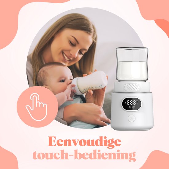 Moeder met baby die een flesje melk krijgt. Een witte flesverwarmer staat naast hen. Een icoon van een hand met een wijsvinger. "Eenvoudige touch-bediening".