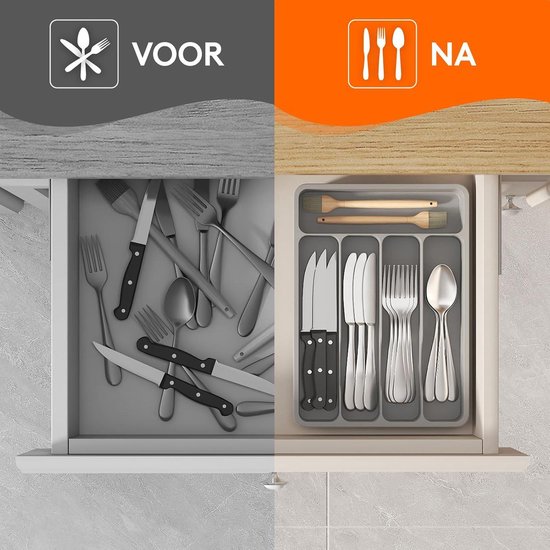 Lifewit Bestekbak, Verstelbare Besteklade Organizer Voor Keukenlade, Kunststof Keuken Organizer, Cutlery Tray Voor Lepels/Vorken/Messen, Diepte 42,4 cm, Breedte 33–56,8 cm, Grijs