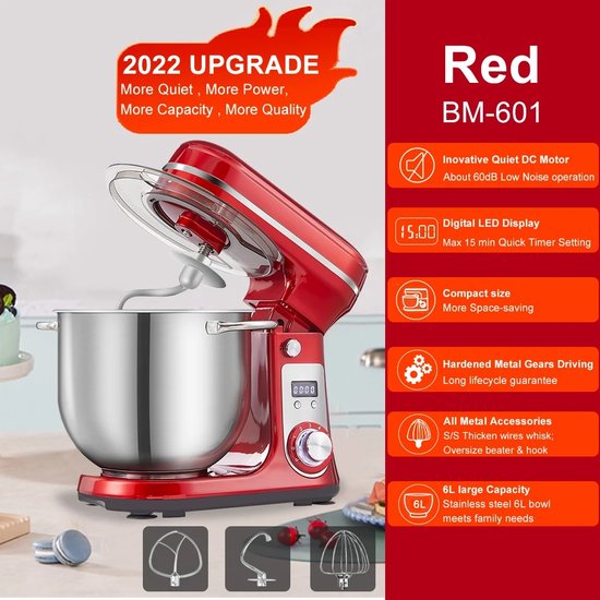 Keukenmachine - Keukenvoedselmixer - Blender - Stille motor - Crème Eiergarde - Zweepdeegkneder - 6 Snelheden, 1200W - 6 Liter — afbeelding 5