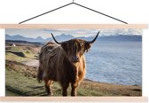 Posterhanger incl. Poster 60x30 cm - Schoolplaat - Schotse Hooglander - Bergen - Zee - Textielposter - Blanke latten