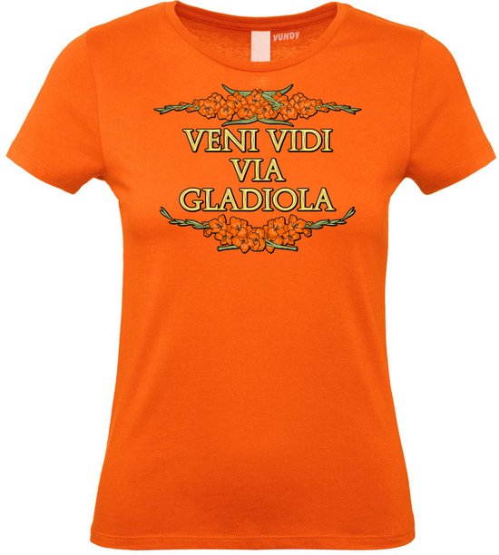 Dames T-shirt Veni Vidi Via Gladiola | Vierdaagse shirt | Wandelvierdaagse Nijmegen | Roze woensdag | Oranje | maat L