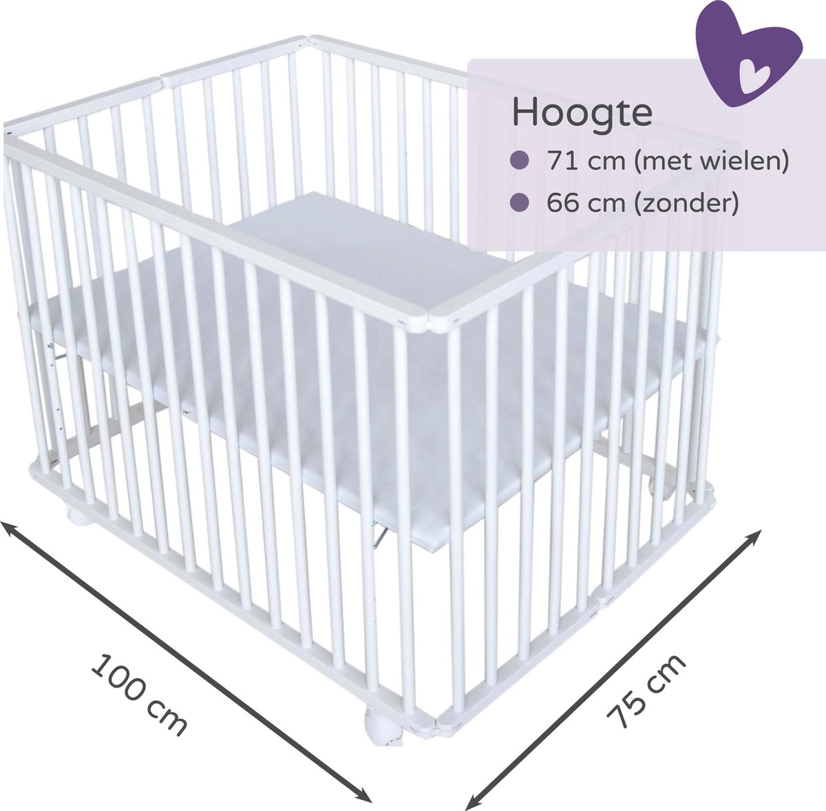 Prénatal Inklapbox Edin – In 3 Hoogtes Verstelbare Baby Box – Kinderbox op Wieltjes – 100 x 75 cm - Wit – foto 2