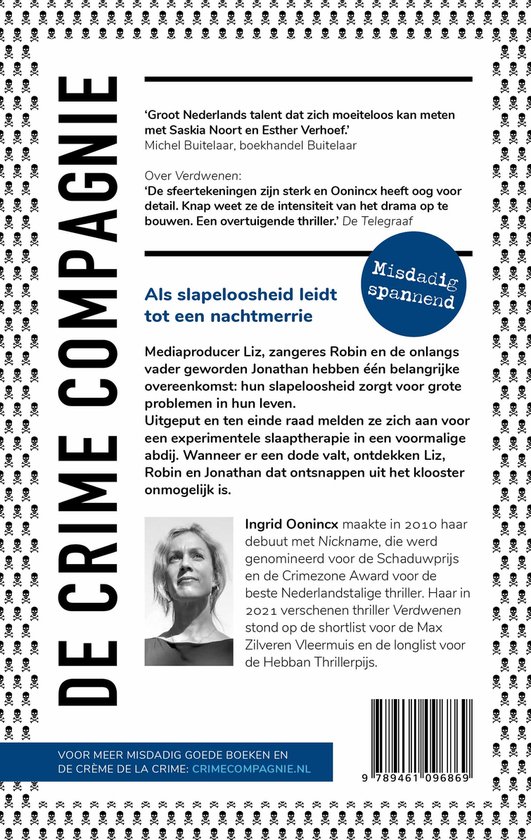 Achterkant van een boek met een portret van Ingrid Ooninckx. Doodshoofd-en-kruis-rand. Bevat tekst over het boek en de auteur.