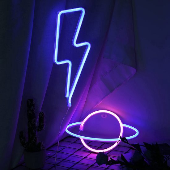 Neon led lamp - Bliksem Blauw + Planeet Roze / Blauw - Neon Verlichting - Wandlamp