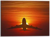 Dibond - Silhouet van Vliegtuig tegen Feloranje Zon in Roodkleurige Lucht - 40x30 cm Foto op Aluminium (Met Ophangsysteem)