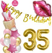 Snoes Beauty Helium Ballonnen Set 35 Jaar - Roze Folieballonnen - Slinger Happy Birthday Goud
