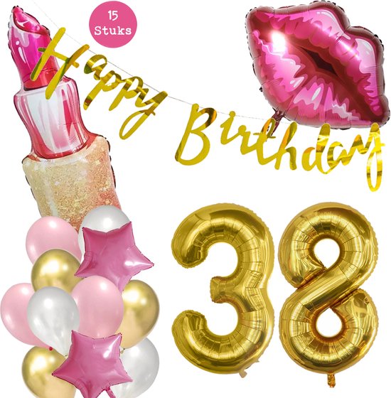 Snoes Beauty Helium Ballonnen Set 38 Jaar - Roze Folieballonnen - Slinger Happy Birthday Goud