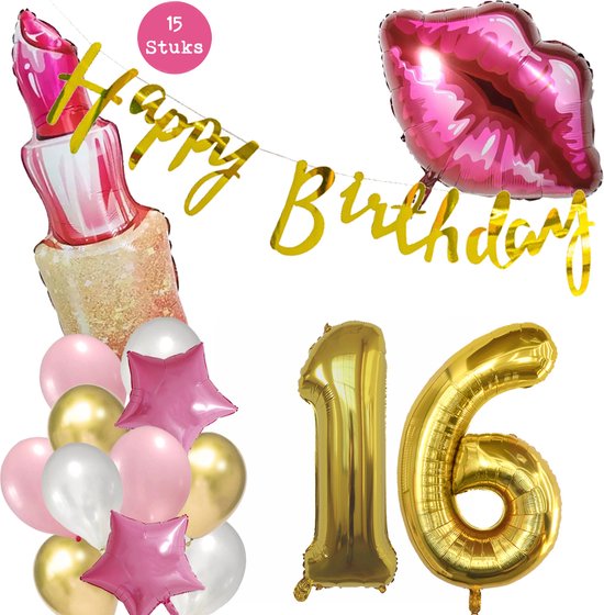 Snoes Beauty Helium Ballonnen Set 16 Jaar - Roze Folieballonnen - Slinger Happy Birthday Goud