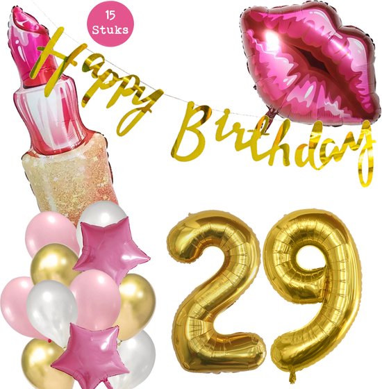 Snoes Beauty Helium Ballonnen Set 29 Jaar - Roze Folieballonnen - Slinger Happy Birthday Goud