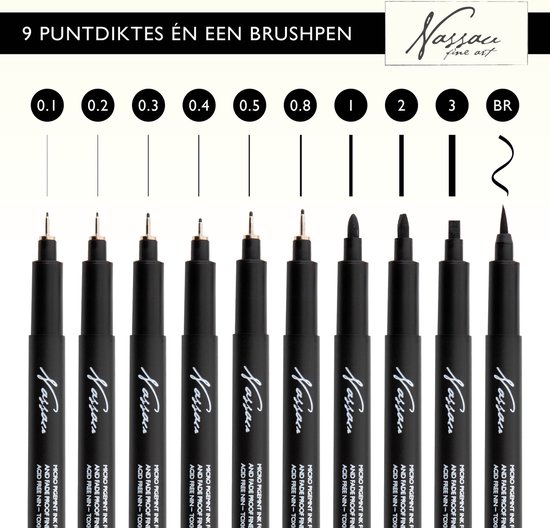 Neuf stylos noirs Nassau Fine Art avec différentes pointes (0.1 à 3) et un pinceau.
