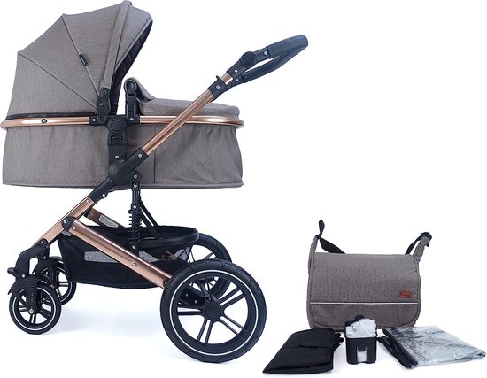 Foto: Kinderwagen met stoffen kuip buggy luiertas drankhouder regenzeil muggennet aankleedkussen goud bruin 