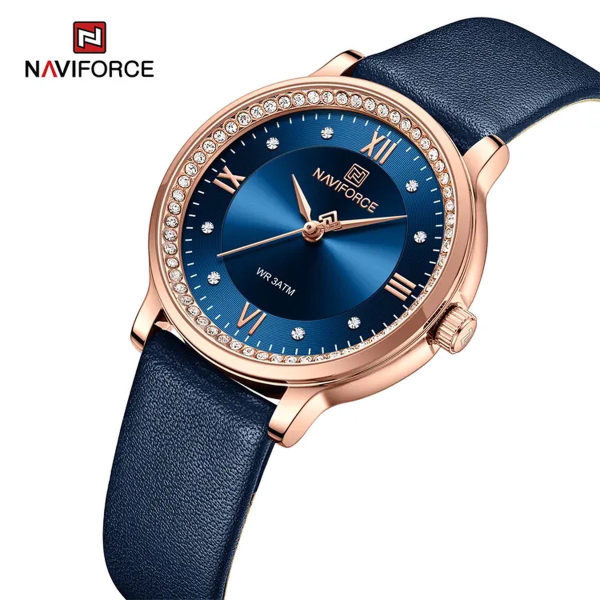 NAVIFORCE horloge met blauwe lederen polsband, blauwe wijzerplaat en rosé gouden horlogekast voor dames met stijl ( model 5036 RGBEBE )