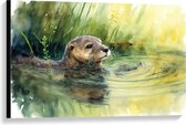 Canvas - Tekening van Zwemmende Otter in de Rivier - 90x60 cm Foto op Canvas Schilderij (Wanddecoratie op Canvas)
