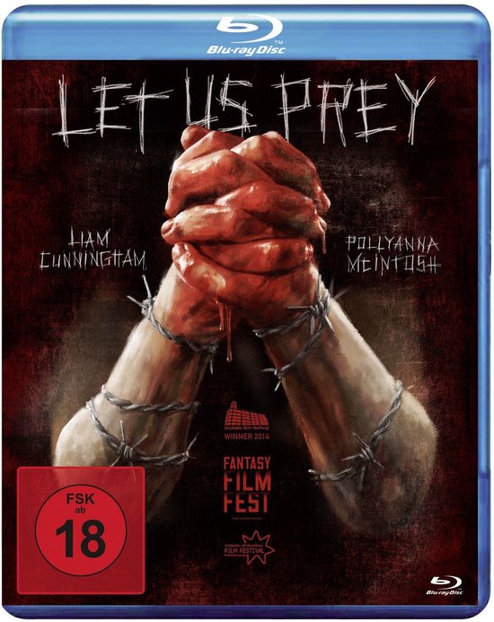 Blu-ray hoes "Let Us Prey" met op de voorkant twee met prikkeldraad omwonden, bloederige handen.