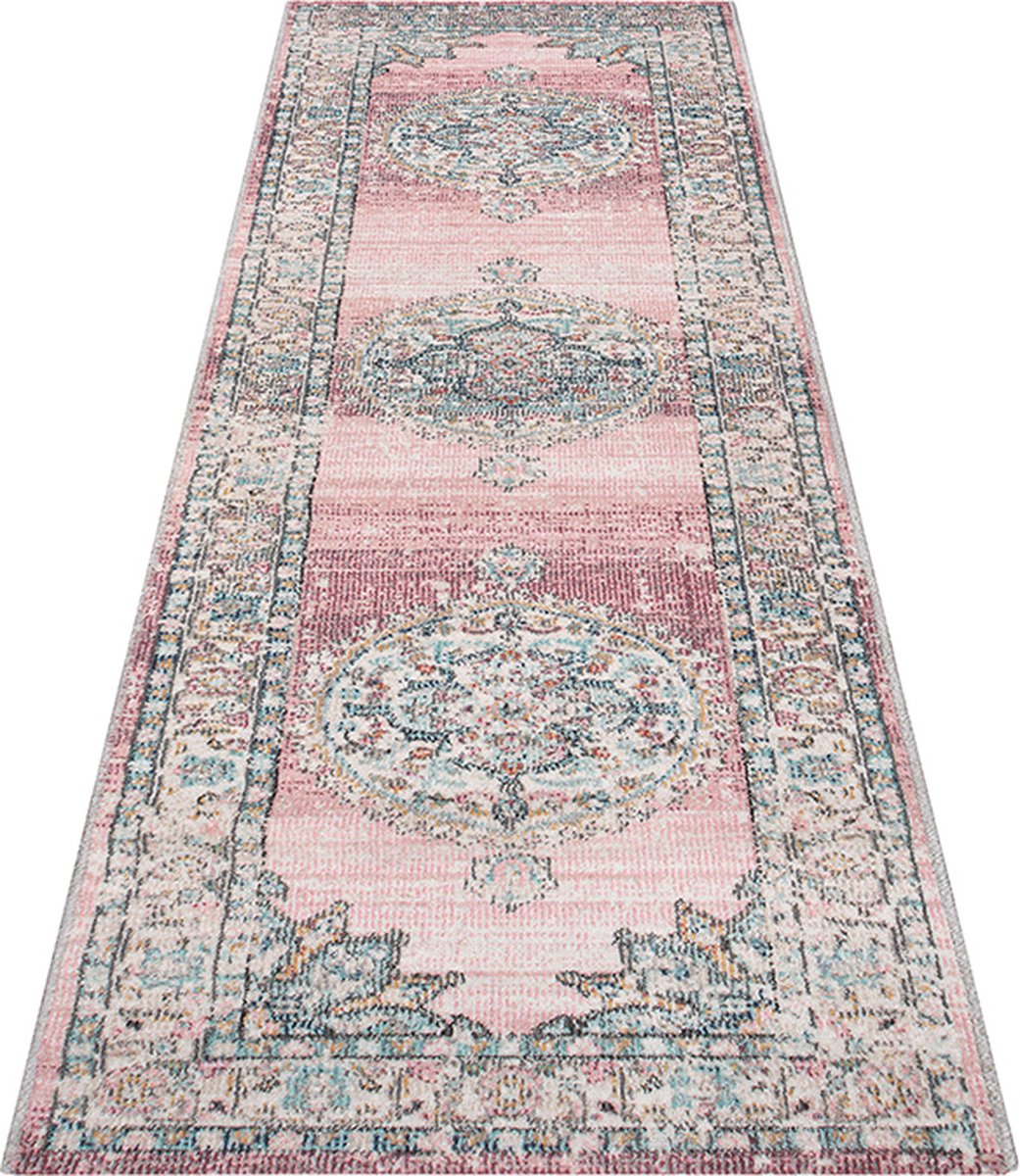 the carpet Palma - Indoor & Outdoor vloerkleed, weerbestendig & onderhoudsvriendelijk, roze met oosters patroon, 80 x 300 cm