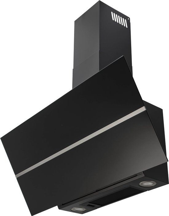 Inventum AKD9015GTZ schuine wandschouw afzuigkap 90 cm - Afzuigcapaciteit 660 m3/h - Geschikt voor open keuken - 4 standen - Timer - Display met tiptoetsen - Automatisch uitschakelen - Ledspots - Energielabel A++ - Luchtafvoer en recirculatie - Zwart