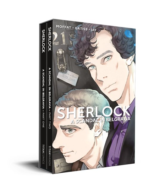 Boxed set van de Sherlock manga met Sherlock Holmes en Dr. Watson op de voorkant. De titels zijn "A Scandal in Belgravia - Part One" en "Part Two".