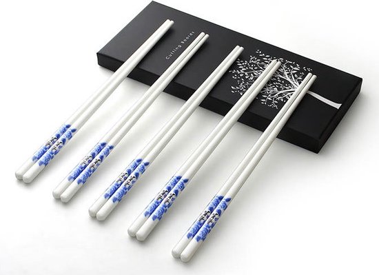 5 Paren Blauwe En Witte Porseleinen Eetstokjes Keramische Lange Eetstokjes Chinees Servies Voor Thuis Restaurant Willekeurig Patroon