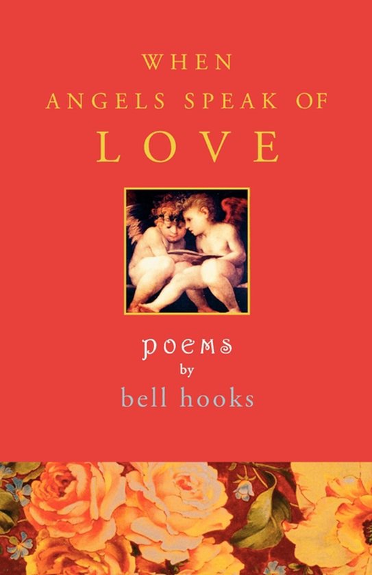 Boekcover 'When Angels Speak of Love' met twee engeltjes die naar een boek kijken op een rode achtergrond.