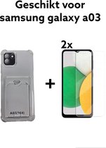 samsung galaxy a03 siliconen transparant hoesje antischok met pashouder + 2x screen protector samsung galaxy a03 antishock backcover doorzichtig achterkant with card holder + 2x tempered glass protectie