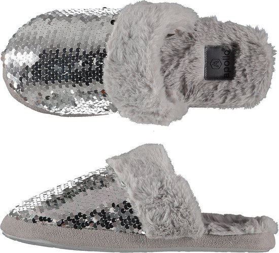 Dames instap slippers/pantoffels met pailletten grijs maat 37-38