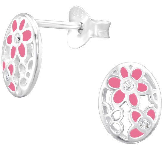 Joy|S - Zilveren ovale oorbellen - 7 x 9 mm - zilver met roze bloemetjes - zirkonia - ovaal oorknopjes