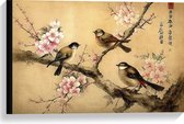 Canvas - Tekening van Drie Vogels op Tak met Bloemen - 60x40 cm Foto op Canvas Schilderij (Wanddecoratie op Canvas)