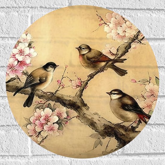 Muursticker Cirkel - Tekening van Drie Vogels op Tak met Bloemen - 40x40 cm Foto op Muursticker